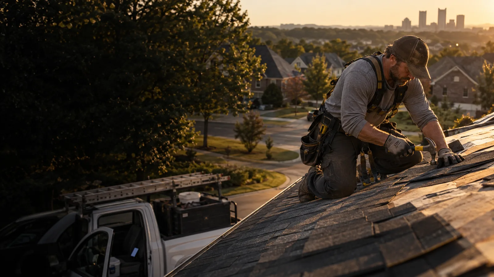 Roofing contractor working while his phone remains in the truck