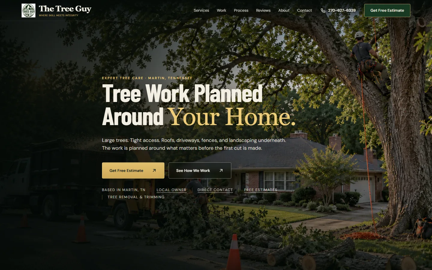 The Tree Guy homepage desktop preview with a tree-service scene and estimate button