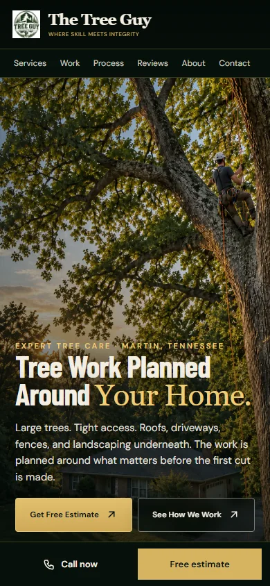 The Tree Guy mobile website preview with tree-service photography and estimate buttons